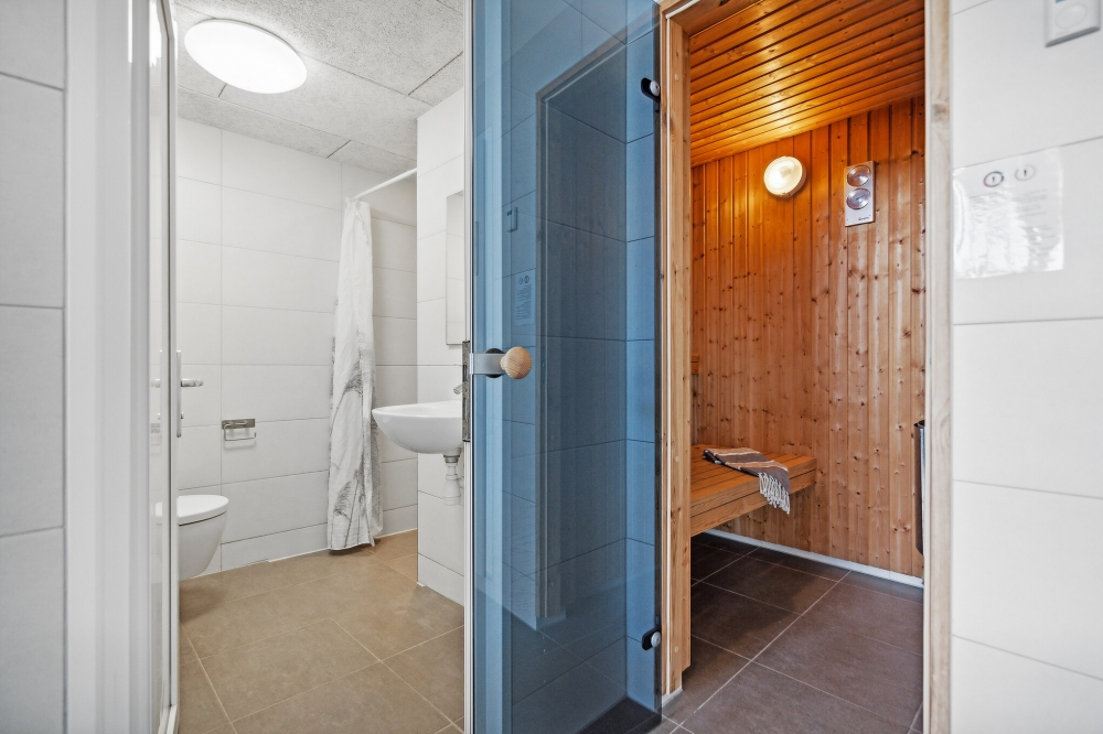Genießen Sie die heiße Sauna im Luxusferienhaus Nr. 348 für 20 Personen