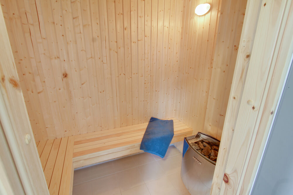 Genießen Sie die heiße Sauna im Luxusferienhaus Nr. 410 für 20 Personen