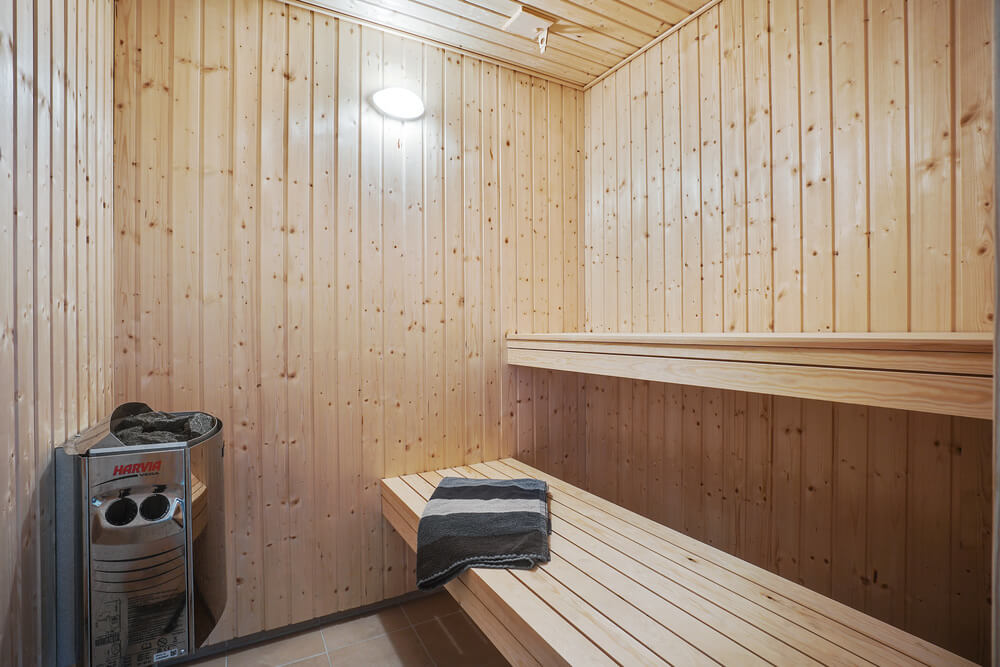 Genießen Sie die heiße Sauna im Luxusferienhaus Nr. 434 für 20 Personen