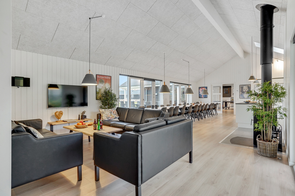 Die Couch im Luxusferienhaus Nr. 496 in Südjütland lädt zu Gesellschaftsspielen oder zu Kinoabenden ein.
