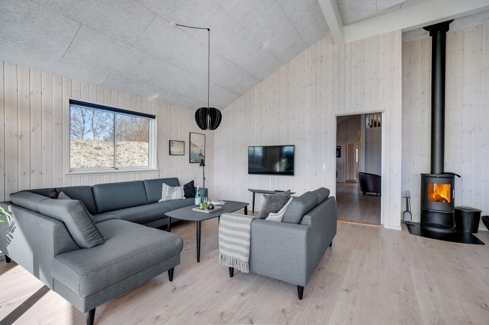 Die Couch im Luxusferienhaus Nr. 523 in Nordjütland lädt zu Gesellschaftsspielen oder zu Kinoabenden ein.