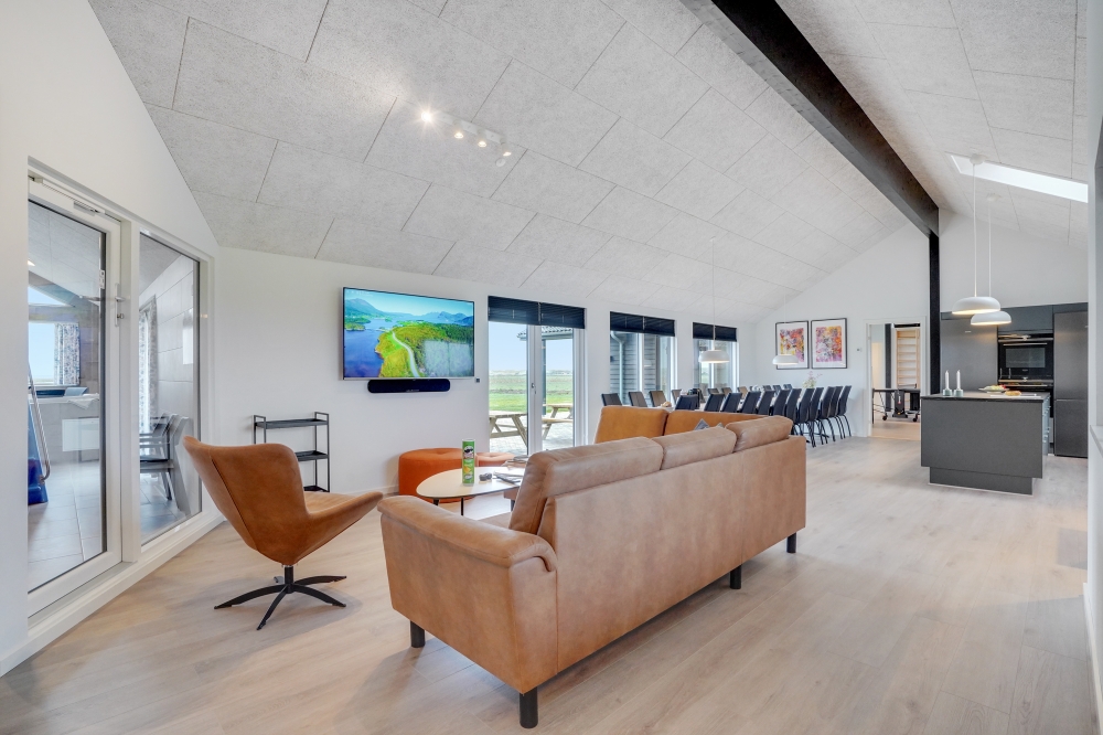 Die Couch im Luxusferienhaus Nr. 551 in Westjütland lädt zu Gesellschaftsspielen oder zu Kinoabenden ein.