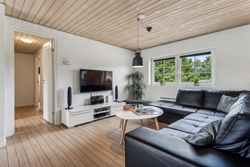 Die Couch im Luxusferienhaus Nr. 572 in Westjütland lädt zu Gesellschaftsspielen oder zu Kinoabenden ein.
