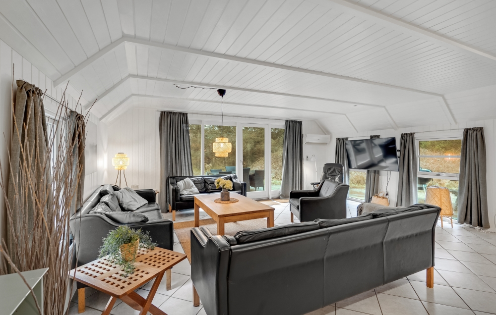 Die Couch im Luxusferienhaus Nr. 552 in Westjütland lädt zu Gesellschaftsspielen oder zu Kinoabenden ein.