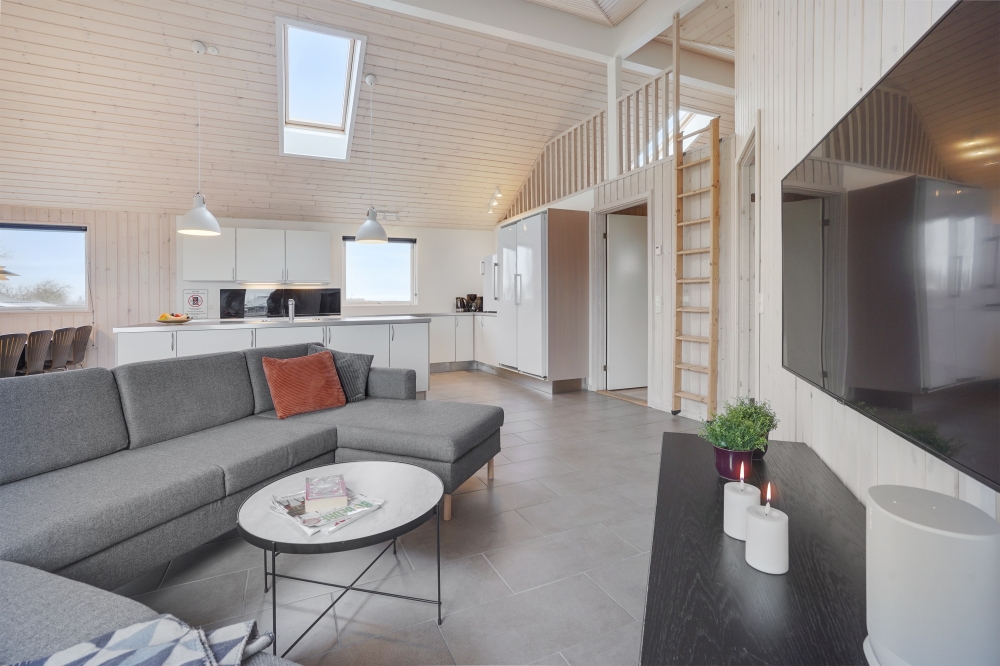 Die Couch im Luxusferienhaus Nr. 234 in Südjütland lädt zu Gesellschaftsspielen oder zu Kinoabenden ein.
