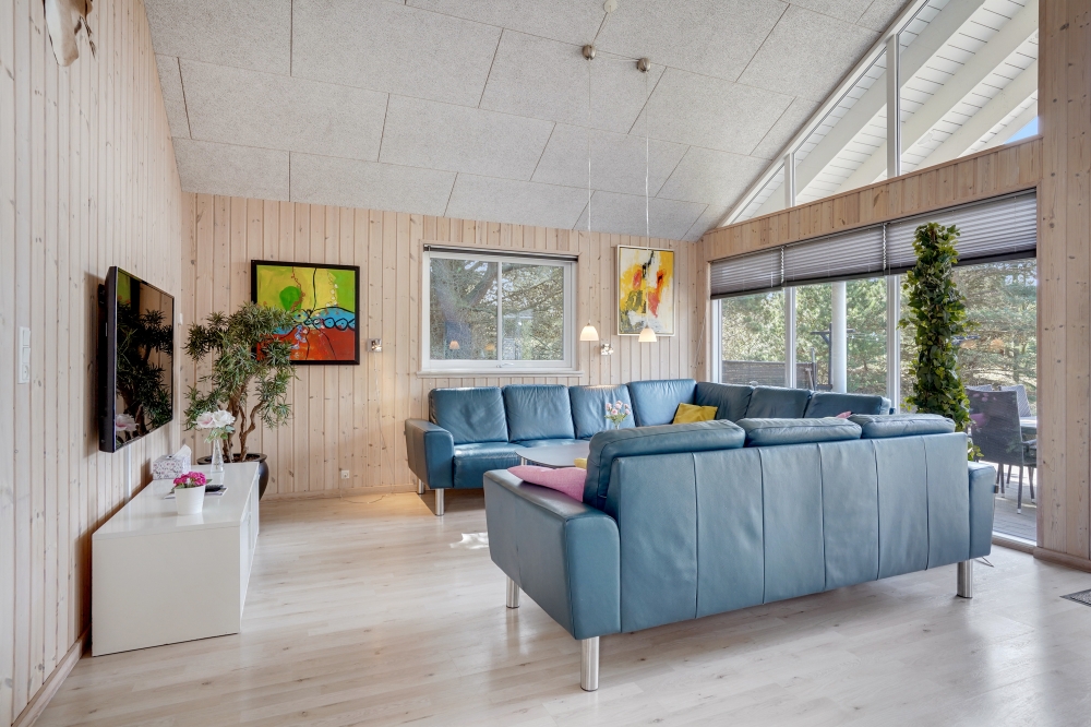 Die Couch im Luxusferienhaus Nr. 273 in Westjütland lädt zu Gesellschaftsspielen oder zu Kinoabenden ein.